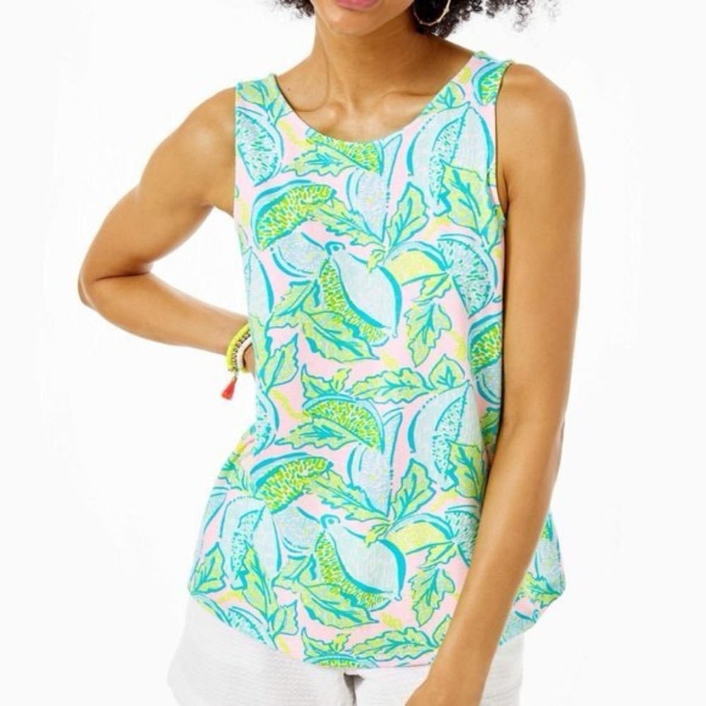 Lilly Pulitzer Pink, Teal & Lime Tropical Print Sleeveless Top